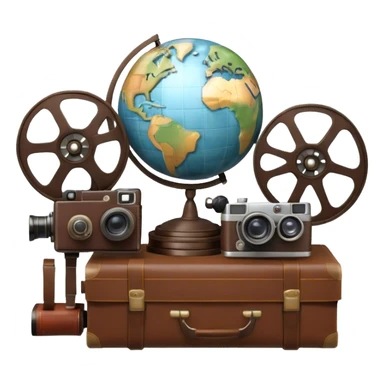 Icon for Documentary Film: A vintage movie poster-style design featuring a film reel, camera, and a globe, symbolizing exploration and learning. Include elements like books, a notebook, and historical or natural icons to represent informative storytelling. Transparent background. sticker