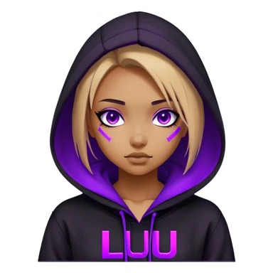 girl wearing black hoody with violet letters "Lu" in the hood without a face. Cyberpunk style. Violet neon. sticker