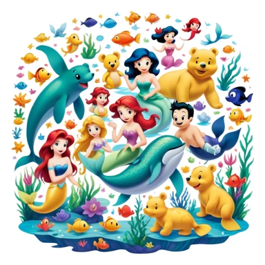 Icon for Animated Characters: A colorful, large-scale collage of beloved cartoon characters, including Franco, Mickey Mouse, Winnie-the-Pooh, Ariel the Little Mermaid, Jasmine and others. Bright and vibrant, full of whimsical charm. Transparent background. sticker