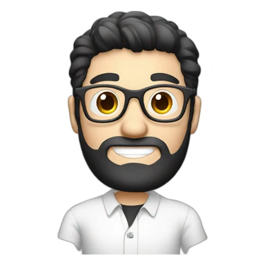 male virtual assistant with a smiling  holding a digital tablet or stylus wearing eye glasses and white shirt black hair sticker