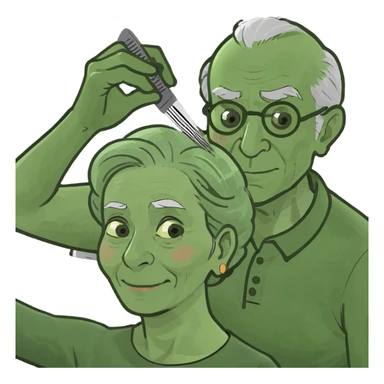 An elderly man combing the hair of an elderly woman sitting on a sofa reading a book sticker
