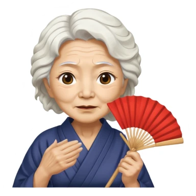 japanese culture old woman with white wavy hair and wrinkles holds a fan to cover her face sticker