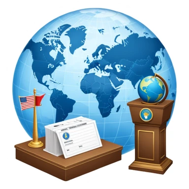 An icon featuring a podium with a speaker, a ballot box with a voting slip, and a globe, symbolizing political science. The design includes scales of justice and a world map in the background, representing governance and global politics. Transparent background highlights political analysis. sticker