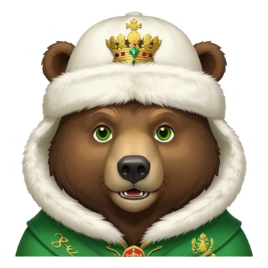 Dark brown grizzly bear face with green eyes, wearing a white fur hat with golden Russian coat of arms in the middle sticker