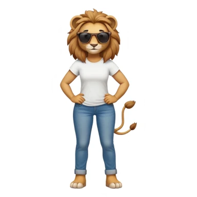 friendly anthropomorphised female lion character, full body, standing confidently with legs shoulder width apart and arms folded, wearing jeans, a white t-shirt, and dark sunglasses, with a confident smile sticker