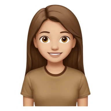 Waist-up girl standing straight on white background. Wearing a brown Skims t-shirt. Very long straight brown hair with a middle part. Brown eyes with long lashes. Smiling with braces. sticker