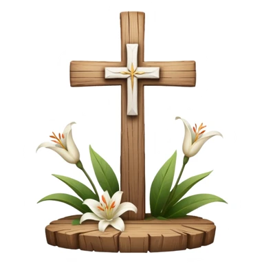 A wooden cross with lilies around the base sticker