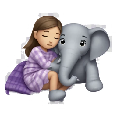 A little girl with brunette hair in two French braids laying in a bed wrapped in a plaid purple blanket hugging a stuffed gray elephant.  sticker