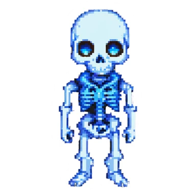 Sans from Undertale, cartoon skeleton with one blue glowing eye, pixel art style sticker