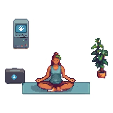 a computer doing yoga, pixel art style sticker