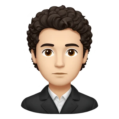 He’s a man with light to medium skin, a defined oval face, full brows, deep-set eyes, and wavy short dark brown tall puffy hair styled with height, sides are trimmed. expression calm and focused relaxed black open-collar .polished, articulate, and coach vibe. sticker