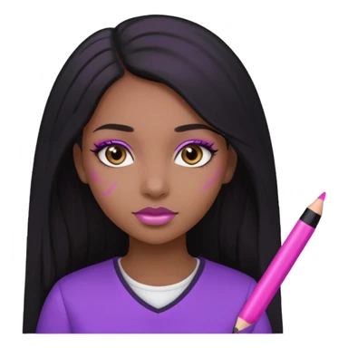 Une fille noir au cheveux lisse qui est entrain d’écrire avec un stylo rose sur un cahier violet cheveux long et lisse avec des jolis yeux et un beau makeup sticker