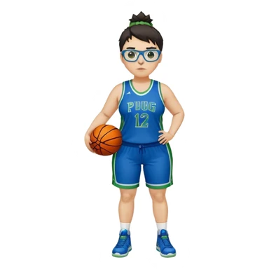 full body white plus size women basketball player pug nose with short spiky dark hair with added blond highlights wearing blue glasses wearing blue and green uniform sticker