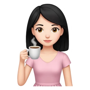 Una mujer con pelo liso negro vestida de rosa claro con una taza de café  sticker