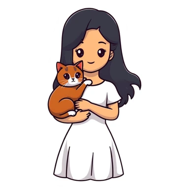 beautiful girl with long black hair wearing a white dress holding an Abyssinian cat with reddish-brown fur in her arms sticker