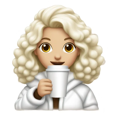 blonde girl wearing white fluffy jacket and a coffee to go in hand all dress white and a white bow on hair sticker