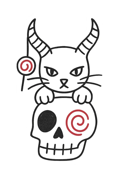Add the iconic lollipop from the Trick 'R Treat movie hanging from one of the cat's demon horns, hand drawn style with bold lines, no fill, preserve the red spiral on the skull, transparent background. sticker