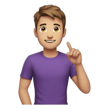 young man greeting with his hand, brown short hair, purple t-shirt, white skin, head large sticker