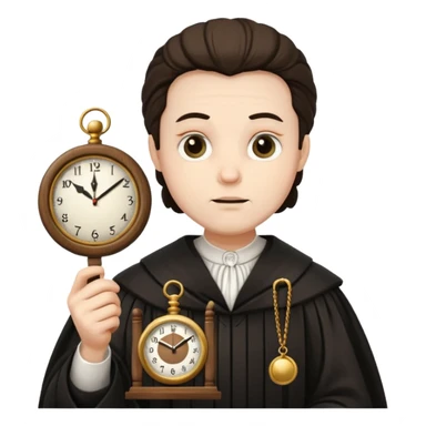 a 1600s judge with a hurried expression holding a clock that is UNFAIR sticker