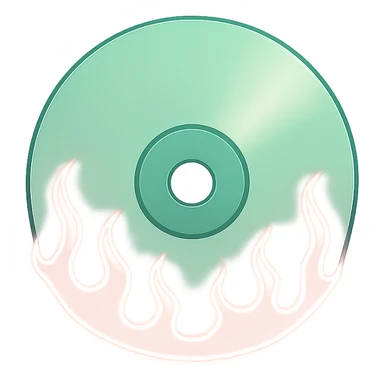 A minimalist CD disc with subtle pink flames, glowing effect, variation 2, color: green sticker