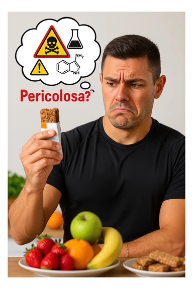 un uomo in abbigliamento sportivo tiene in mano una barretta proteica, osservandola con un’espressione scettica e preoccupata. Sopra la barretta, una nuvoletta di pensiero mostra simboli di allarme, ingredienti chimici e la scritta “Pericolosa?” in rosso. Sullo sfondo, frutta fresca e altri snack naturali sono visibili sul tavolo, sottolineando la sua preferenza per alternative più sane. sticker