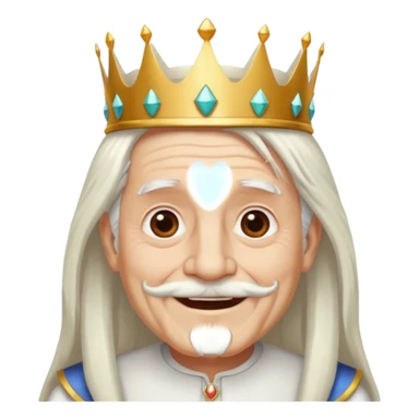 a smiling old man with long white hair and has no beard wearing a white smart shirt and a crown sticker