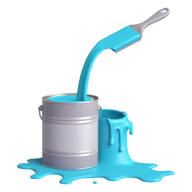 gray paint can with teal paint inside, some teal paint spilling over sticker