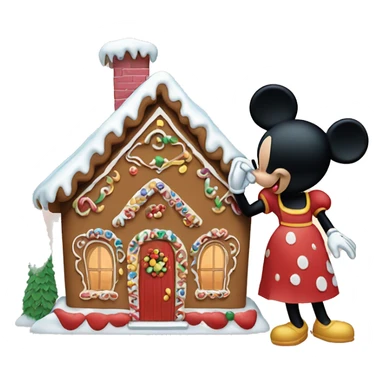 mickey mouse and minnie mouse in front of a beautiful gingerbread house  sticker