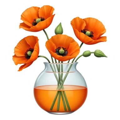 three big realistic orange poppy flowers in a clear vase with clear water sticker