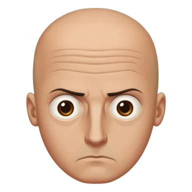 Steven Miller, bald, scowling expression, narrow rectangular head, bottom lip sticking out, eyelids almost closed and lower on the outside, very dark circles around eyes sticker