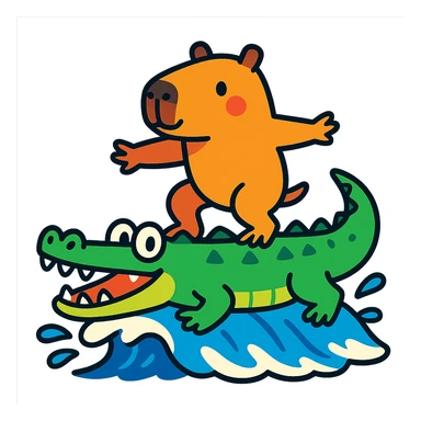 a capybara surfing on a crocodile, colorful cartoon style sticker