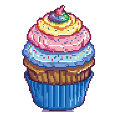 large cupcake with pink frosting, rainbow sprinkles, blue cupcake wrapper, pixel art style sticker