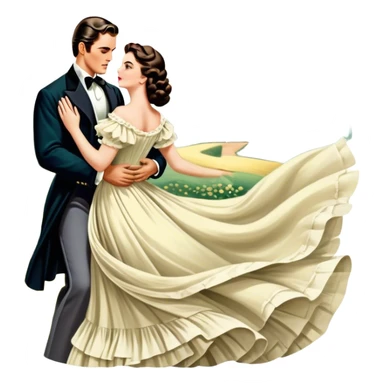Icon for Romance Movie: A vintage movie poster-style design inspired by Gone with the Wind. Include romantic, sweeping imagery like Scarlett O'Hara in a flowing dress, Rhett Butler, a plantation backdrop, and fluttering wind-blown fabric. Soft, nostalgic cinematic feel. Transparent background. sticker