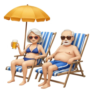 an emoji that shows elderly one slim woman in bikini and one man with dickbauch in bath shorts, both are retired and are lying in sun-chairs at the beach to recover from retiring-stress sticker
