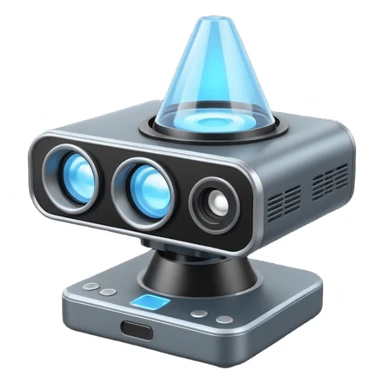 Flat emoji of a wrist-mounted hologram projector emitting a soft blue light cone, simple shapes, modern sci-fi style sticker