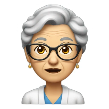 An elderly woman with raised eyebrows and a dissatisfied face. She has dark hair that is pulled into a bun at the back and she is wearing cat-like glasses. sticker