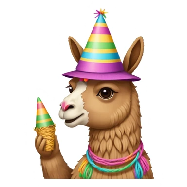 Lama eating yarn while wearing a party hat sticker