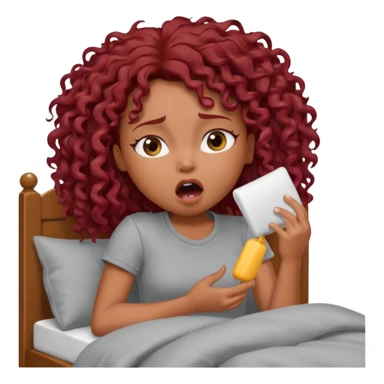 generate a pretty bratz brown skinned girl curly dark red hair, yawning in bed in a grey tshirt bored. sticker
