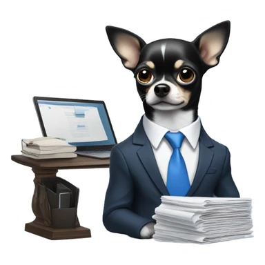 Black and white chihuahua that is running a large company and wears a blue suit with a blue tie sticker