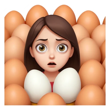 The girl looks with big eyes with fear at the huge eggs sticker