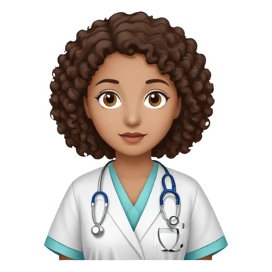 mulher com cabelo cacheado castanho escuro, pele marrom médio, olhos castanhos escuros, usando jaleco hospitalar, sem estetoscópio sticker
