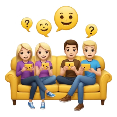 group of friends on couch playing a trivia game couch should be deep dark yellow color.  include a small wooden table in front of the couch as well.  Add 1 smiling face emoji and 2 question marks above their heads sticker