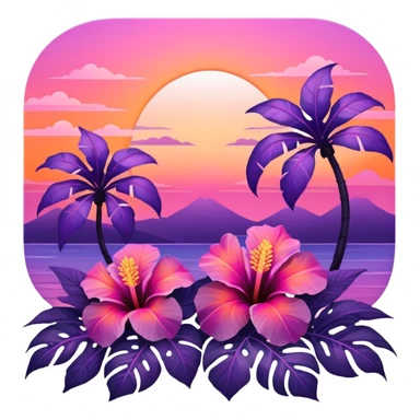 Iridescent tropical exotic beautiful pretty Purple pink and orange gradient hibiscuses sunset sunrise full scenery aesthetic deco sticker