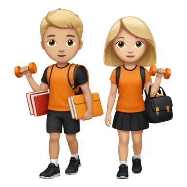 light skin students girl and boy with school bag full of books on hand and dumbell in other hand. Clothes are in black and orange colours. They are going to the gym. They have brown and blonde hair. Dumbell is visible in hand sticker