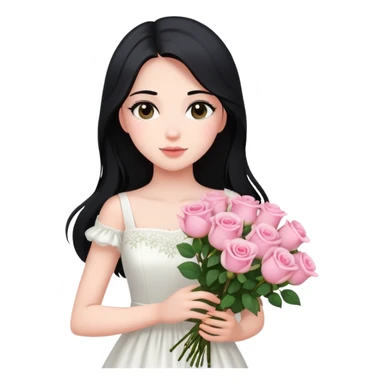 A beautiful girl with long black hair and a white dress is holding a bouquet of pink roses sticker