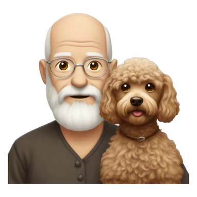 Old man with a white beard and nearly bald holding a brown miniature poodle sticker