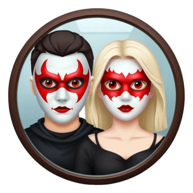 Man killer on mask in mirror behind woman sticker