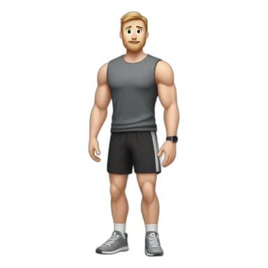 Full height Actively gesturing with hands Pale skinned Fit Man With the biceps and brown hair in dark gray Sleeveless Mike, black oversize sports shorts, watch and white Sneakers sticker