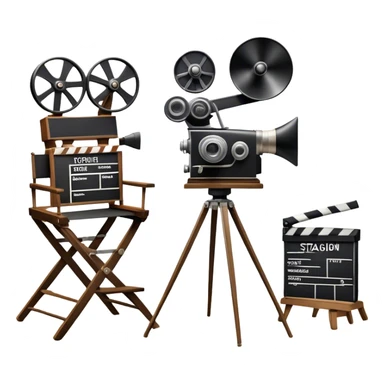 Icon for Directing: a director's chair, a film clapperboard, large movie camera, vintage megaphone and a stage with a spotlight. The icon should represent the creative and organizational aspects of directing, with focus on storytelling, staging, and performance. Transparent background. sticker