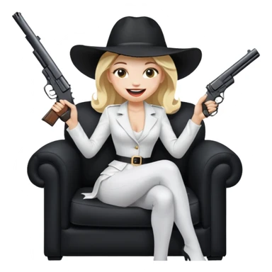 Mafia blondes Laughter woman in hat , gun ,black armchair , white costume  sticker